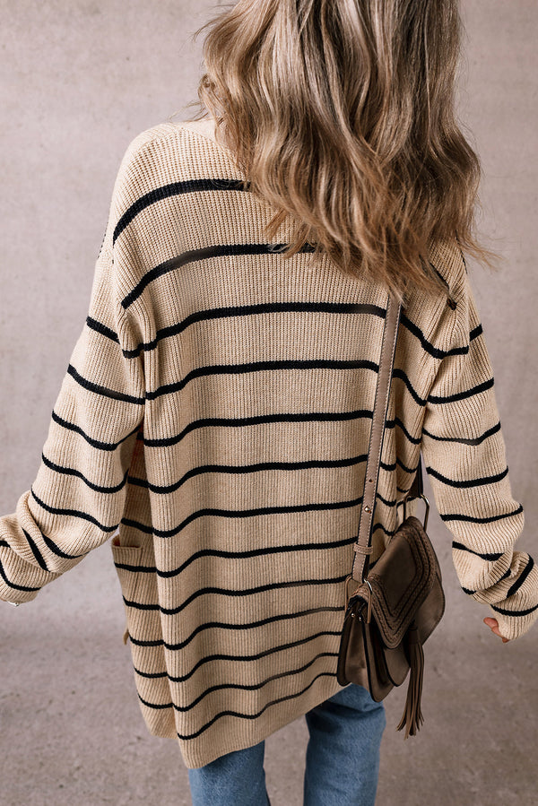 Black Stripe Open Cardigan with Pockets