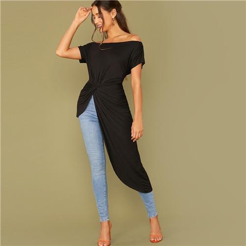 Black Off Shoulder Twist Front Asymmetrical Hem Bardot Top