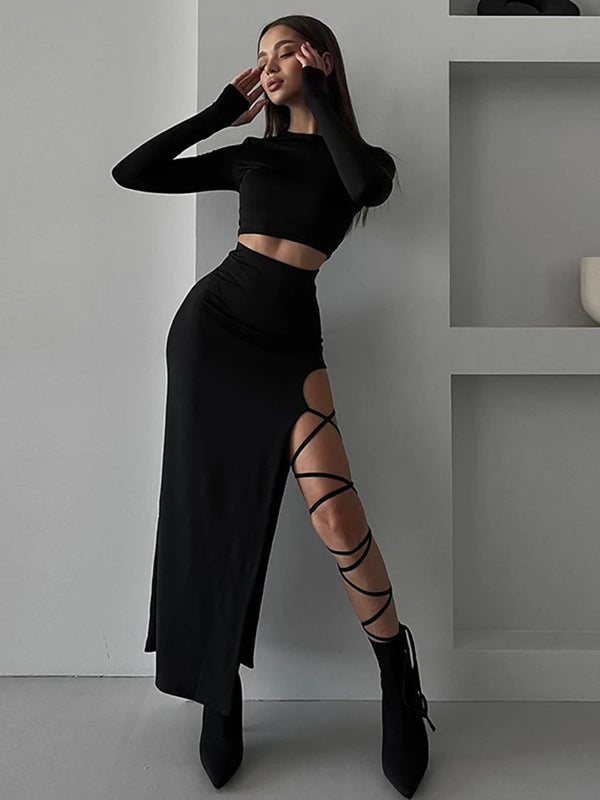 Fashionable Long Sleeved Split Skirt Suit