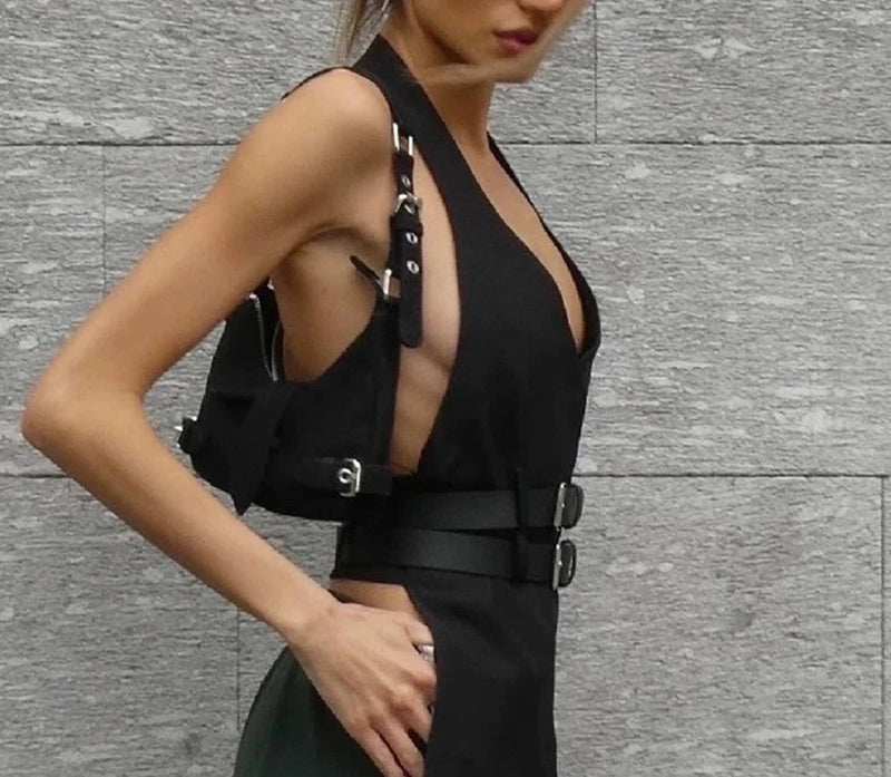 Long Chic Black Halter Vest Top