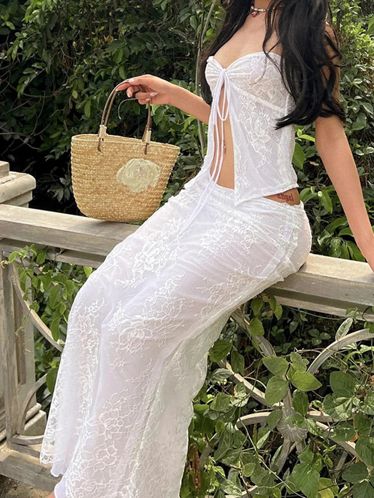 White Lace Floral Two-Piece Summer Dress