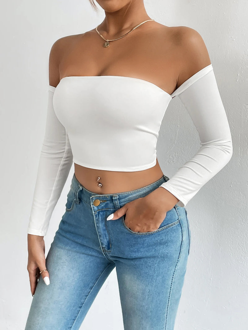 Off Shoulder Sleeved Crop Top