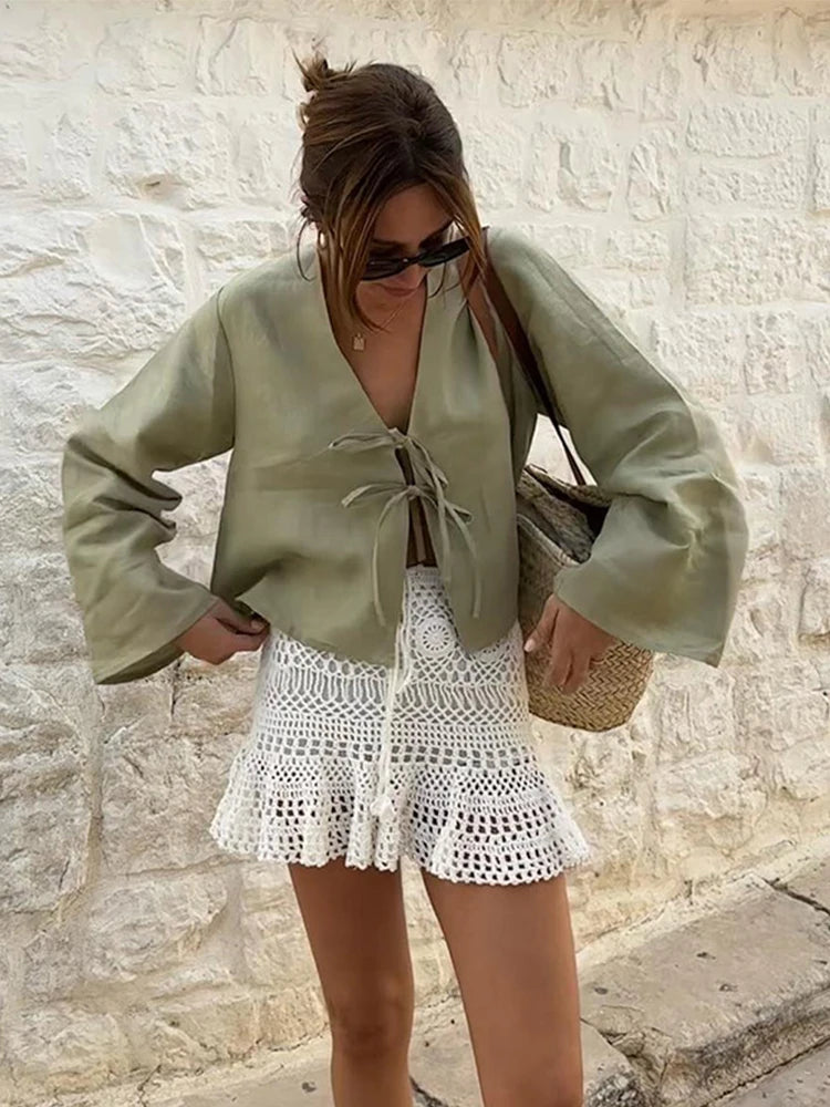 Linen Lace Up Bow Shirt