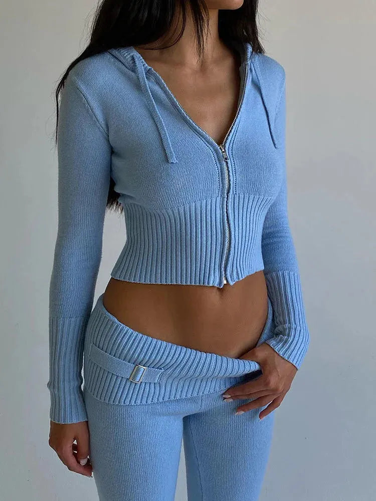 Solid Knitted Two Piece Matching Suit