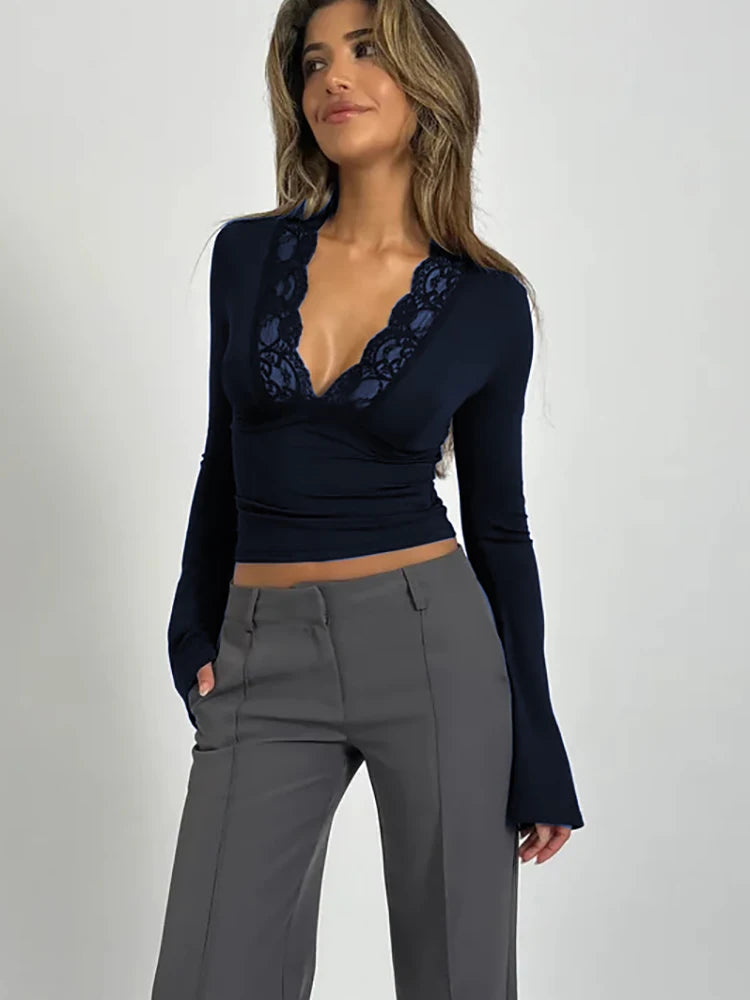 Women's Deep V Neck Lace Blouse