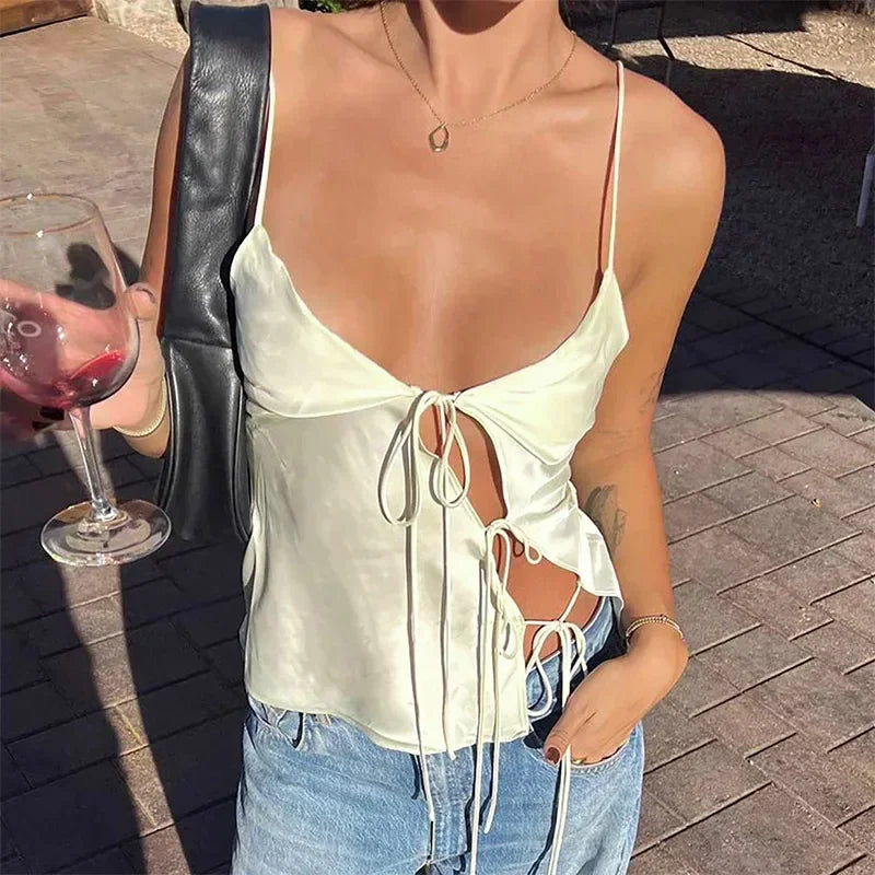 Satin Bow Lace Up Halter Top